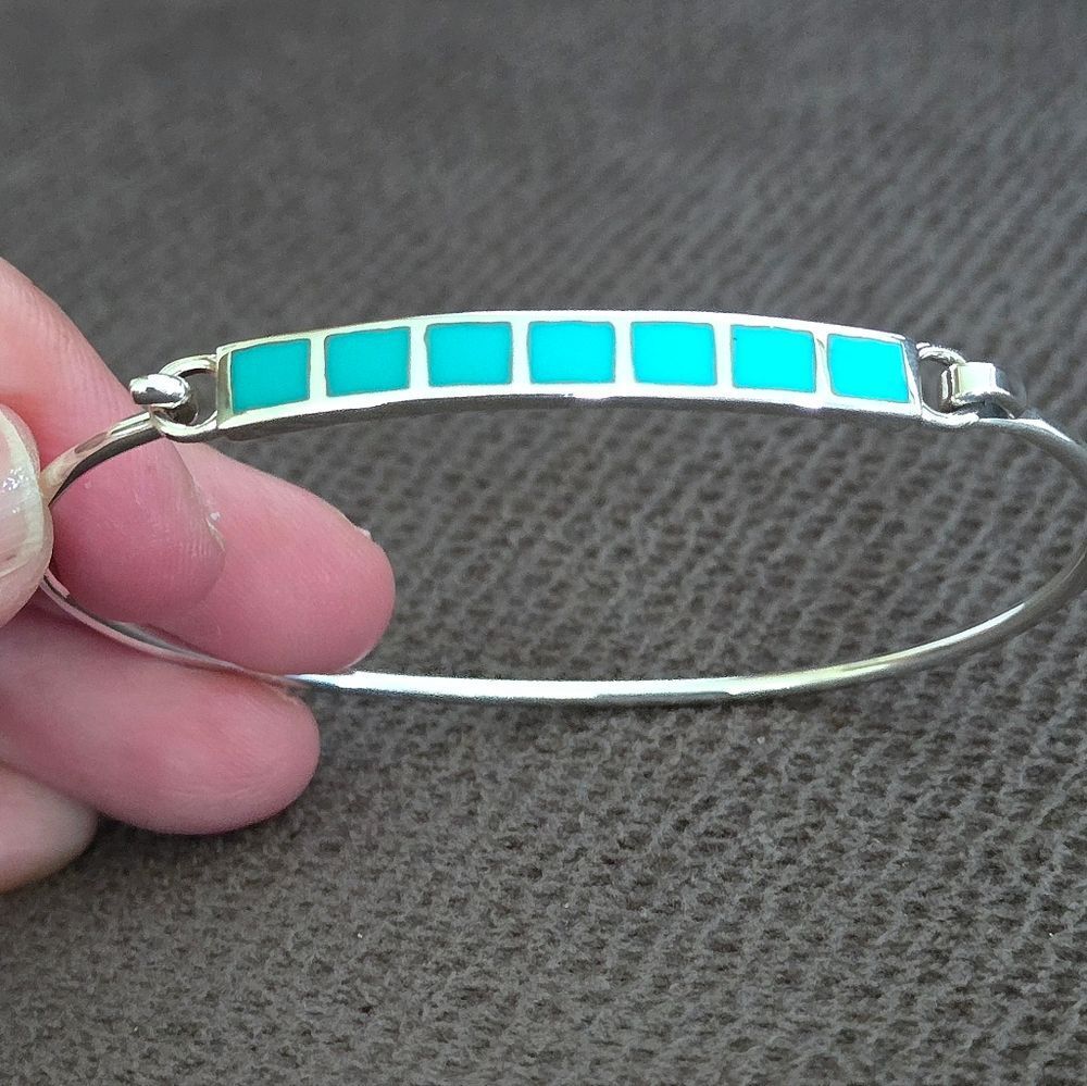 Taxco Sterling Silver🤍 Sleeping Beauty Turquoise🩵 Squares Flush Inlay Bracelet - Picture 2 of 16